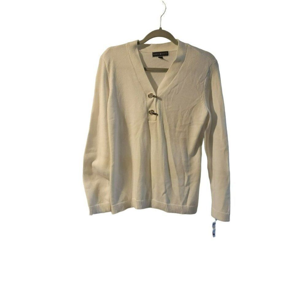 Karen Scott Womens Ivory Hardware Henley Long Sleeve Pullover Sweater Size Small